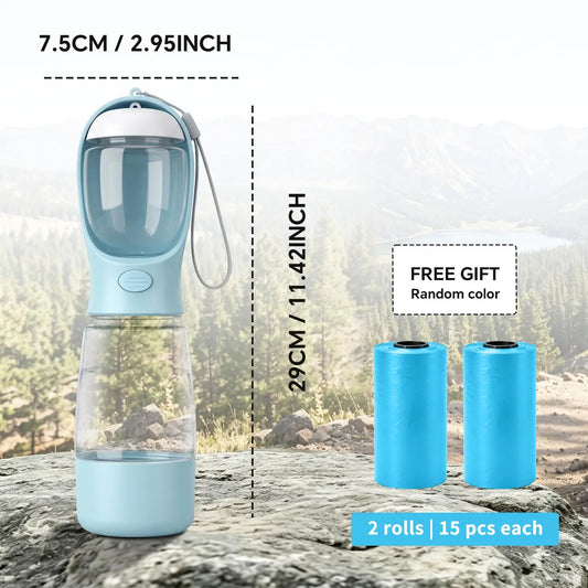 Portable 3-in-1 Dog Water Bottle with Food Container and Built-In Waste Bag Dispenser - Leak-Proof Travel Solution for Walking and Hiking (29cm x 7.5cm)