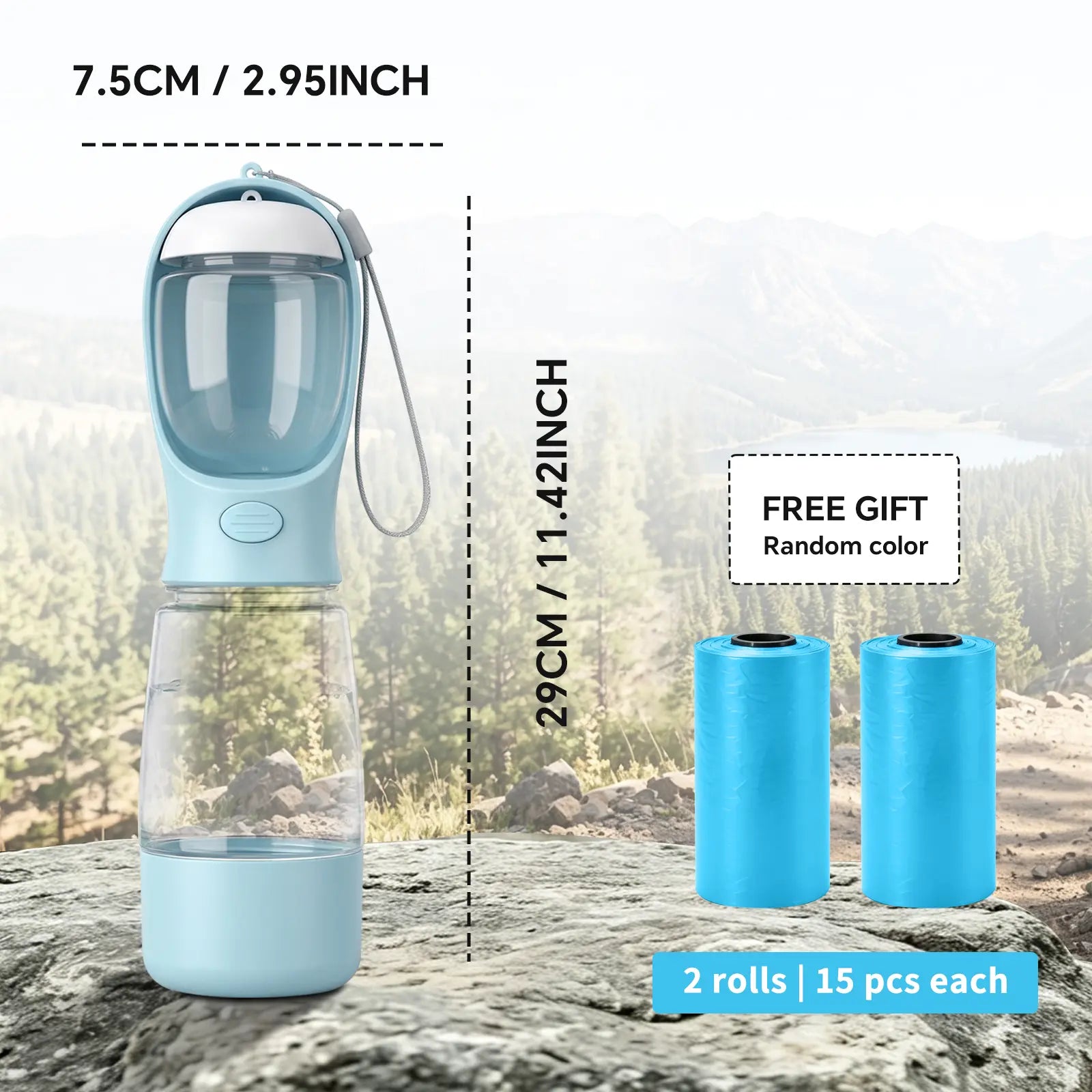 Portable 3-in-1 Dog Water Bottle with Food Container and Built-In Waste Bag Dispenser - Leak-Proof Travel Solution for Walking and Hiking (29cm x 7.5cm)
