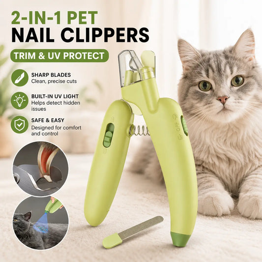 Professional Pet Nail Trimmer with LED Light and UV Lamp - Quick and Safe Grooming, Sharp Blades, Built-In Nail File, Nail Collector, Non-Slip Ergonomic Handle for All Pet Sizes